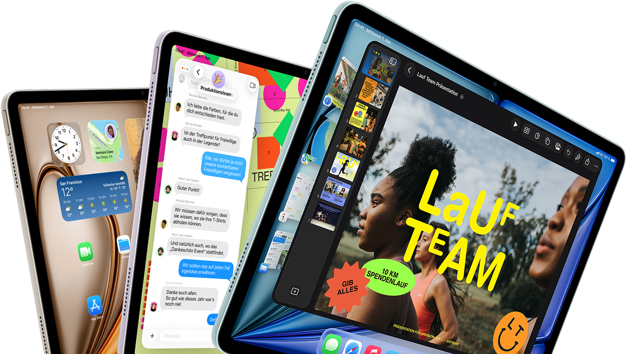 Drei iPad Air Displays in fächerähnlicher Anordnung, Farben: Blau, Violett, Polarstern, Vorderseite, Seitenansicht, die auf den Displays angezeigten Apps umfassen die Keynote App, Nachrichten und den Homescreen